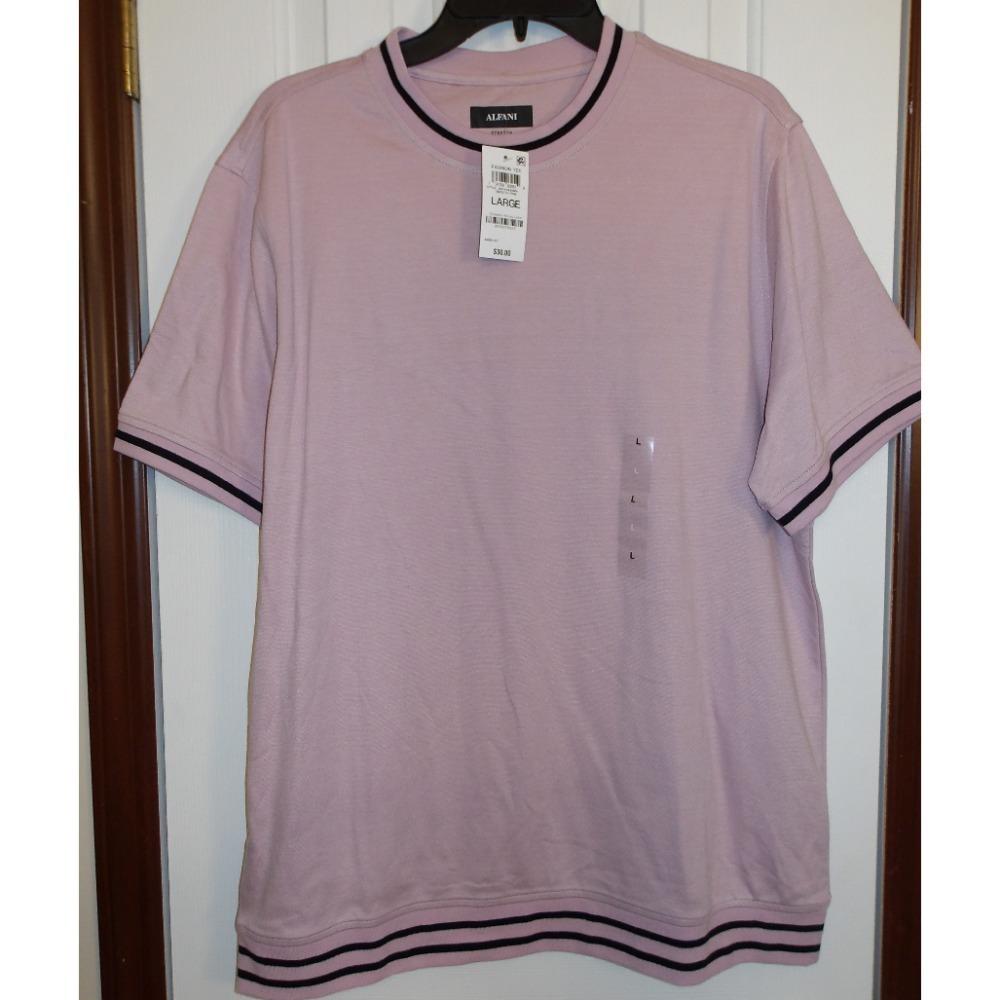 Alfani‎ Stretch Fashion Tee Striped Trim Short Sleeve Top, Large